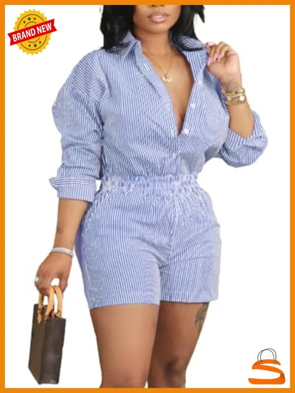 Striped Long Sleeve Button Down Shirt and Shorts Set Lounge Matching Sets